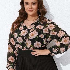 Cropped Sheer Floral Print Button-Up Blouse with Collar NWOT
